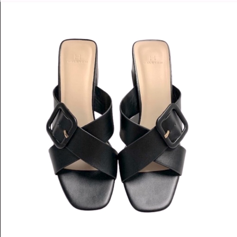 H Halston Buckled Cross Strap Block Heel